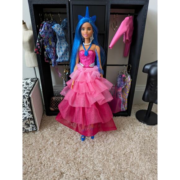 Pre-owned Barbie 65th Anniversary Unicorn Doll with Blue Hair Pink Gown - Picture 5 of 5